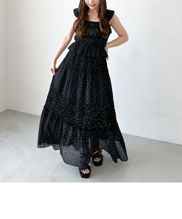 ドットシャーリングキャミ×ティアードスカート