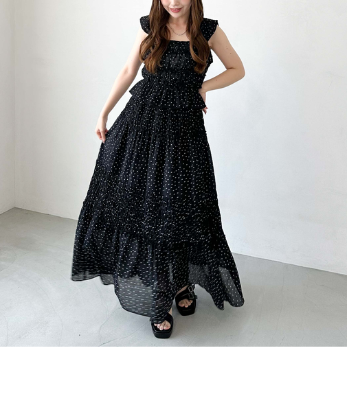 ドットシャーリングキャミ×ティアードスカート