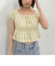 花柄シャーリングオフショルブラウス
