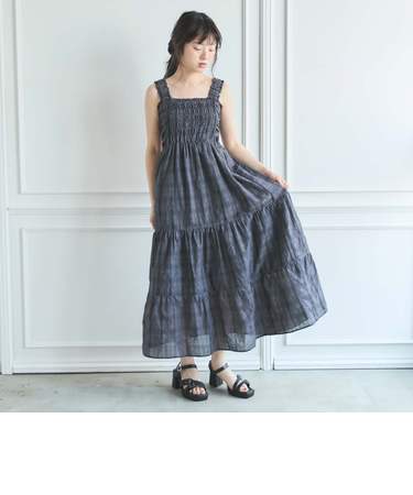 シュシュ付チェックシャーリングワンピース