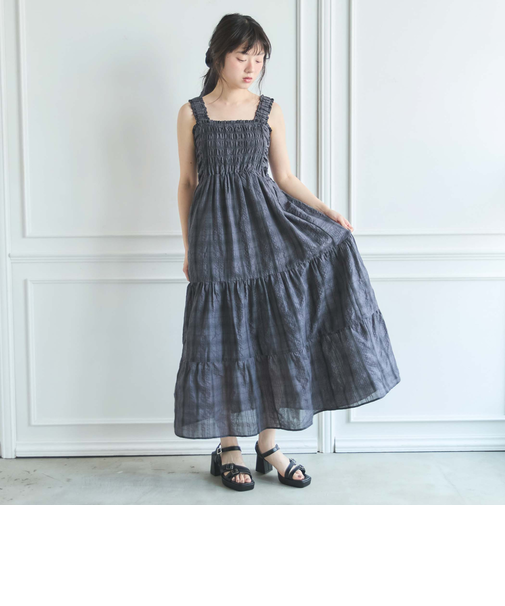 シュシュ付チェックシャーリングワンピース