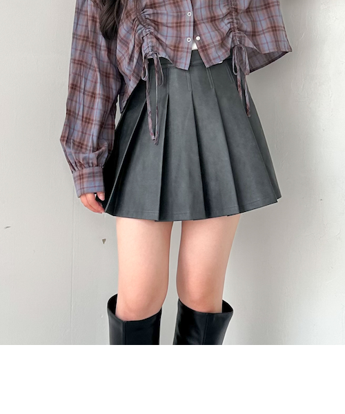 prankproject フェイクレザーコンビプリーツミニスカート グレー SETUP対応】フェイクレザープリーツミニスカート