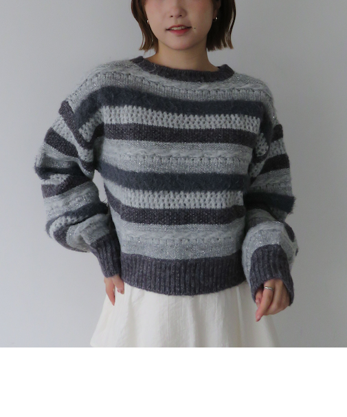 異素材ボーダーメッシュニットプルオーバー