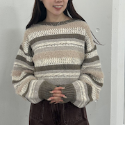 異素材ボーダーメッシュニットプルオーバー