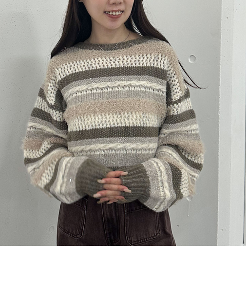 異素材ボーダーメッシュニットプルオーバー