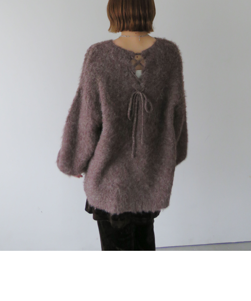 バックレースアップブラッシュニットプルオーバー