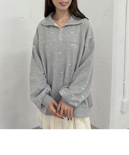 小花柄刺繍ハーフｚｉｐスウェット