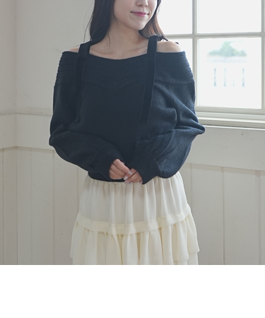 ベロアリボンリブオフショルニットプルオーバー