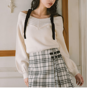 ベロアリボンリブオフショルニットプルオーバー