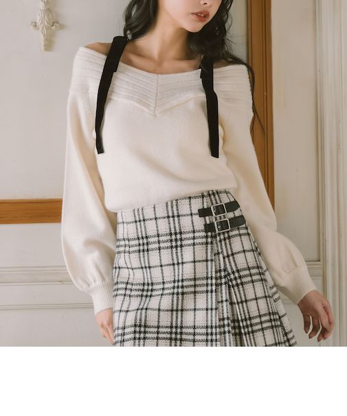 ベロアリボンリブオフショルニットプルオーバー