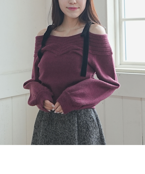 ベロアリボンリブオフショルニットプルオーバー