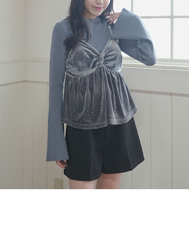 ラインストーンベロアビスチェ×フレアリブニットＳＥＴ