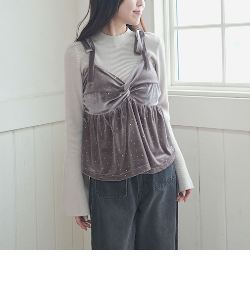 ラインストーンベロアビスチェ×フレアリブニットＳＥＴ