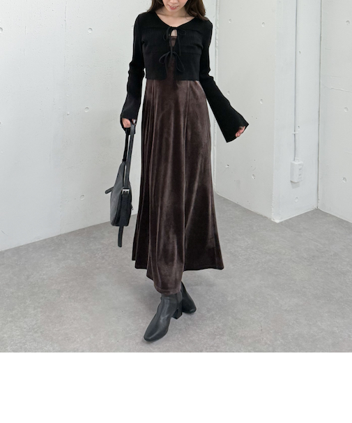 ランダムリブニットカーデ×ベロアキャミワンピースＳＥＴ