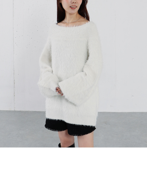 スパンコールフェザーオフショルミドルニットプルオーバー