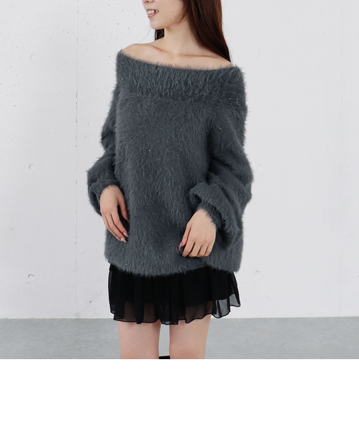 スパンコールフェザーオフショルミドルニットプルオーバー