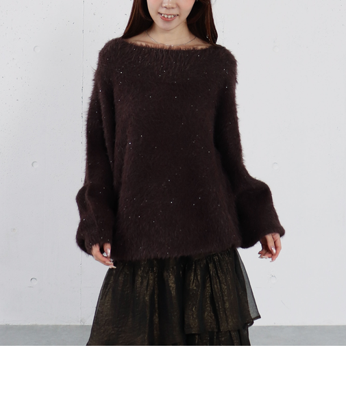 スパンコールフェザーオフショルミドルニットプルオーバー