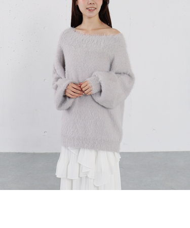 スパンコールフェザーオフショルミドルニットプルオーバー