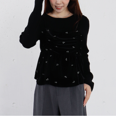 花柄刺繍ベロアビスチェ×リブニットプルオーバーＳＥＴ