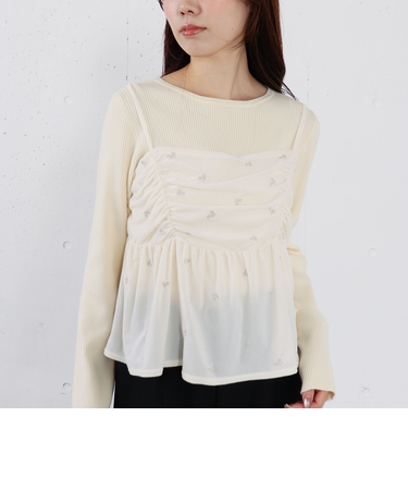 花柄刺繍ベロアビスチェ×リブニットプルオーバーＳＥＴ