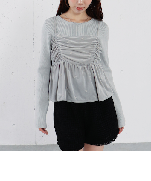 花柄刺繍ベロアビスチェ×リブニットプルオーバーＳＥＴ