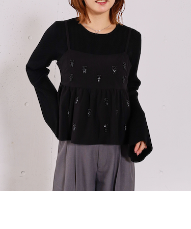 ビーズ刺繍ペプラムビスチェ×リブニットプルオーバーSET