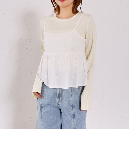 ビーズ刺繍ペプラムビスチェ×リブニットプルオーバーSET