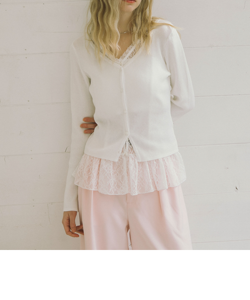 レイヤードレースTOPS×ニットカーディガンSET