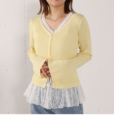 レイヤードレースTOPS×ニットカーディガンSET