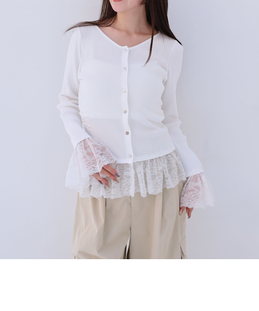 レースドッキングギャザーニットカーディガン