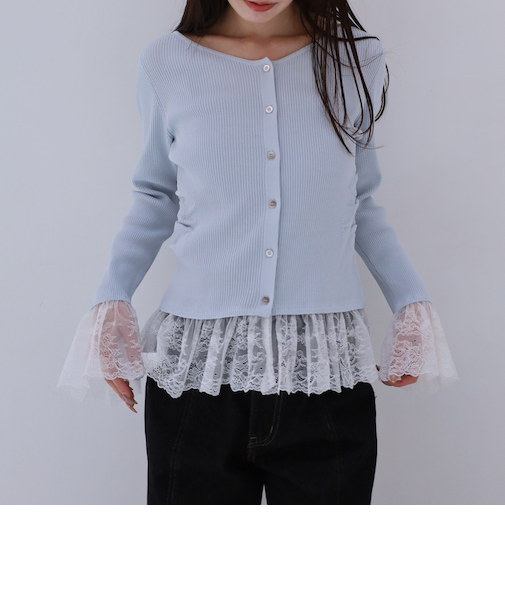 レースドッキングギャザーニットカーディガン