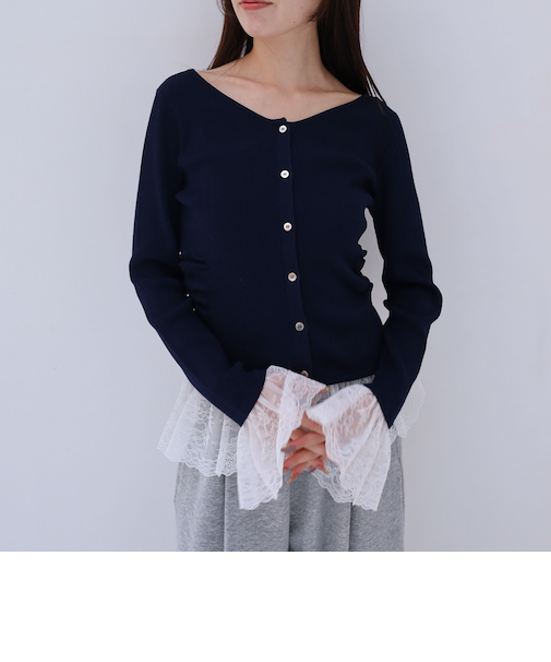 レースドッキングギャザーニットカーディガン