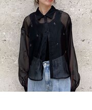 ビーズ花柄刺繍シアーショートシャツ