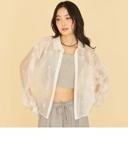 ビーズ花柄刺繍シアーショートシャツ