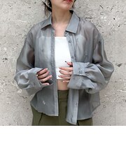 ビーズ花柄刺繍シアーショートシャツ