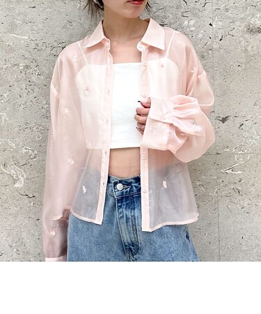 ビーズ花柄刺繍シアーショートシャツ