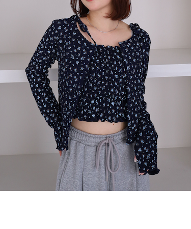 小花柄シャーリングビスチェカットアンサンブル