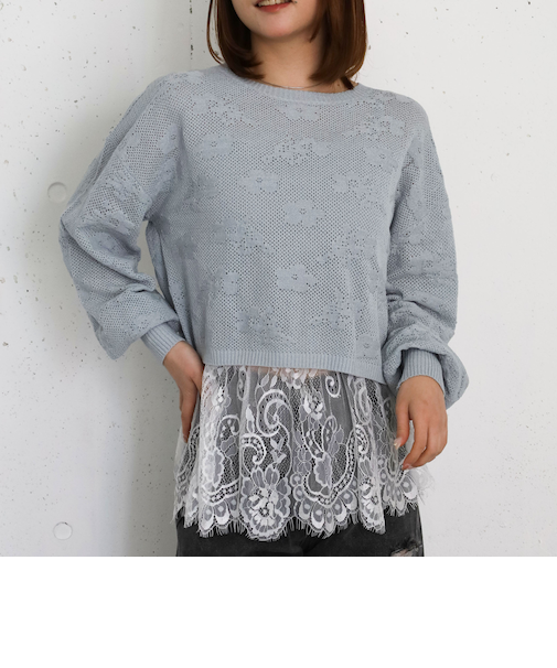 透かし編み花柄ニットプルオーバー