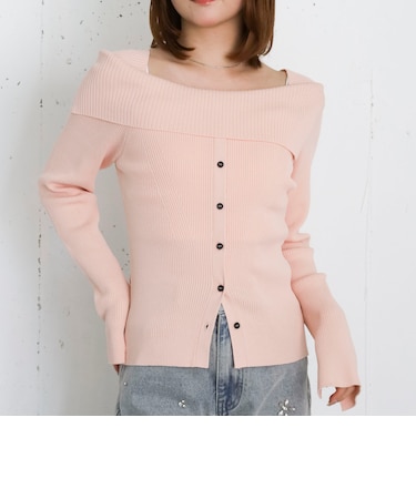 フロントボタンライトオフショルニットプルオーバー