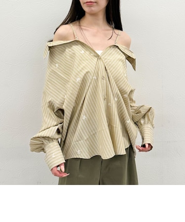 花柄刺繍ストライプ２ｗａｙオフショルシャツ