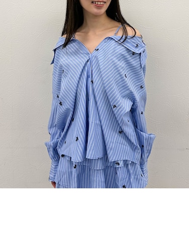 花柄刺繍ストライプ２ｗａｙオフショルシャツ