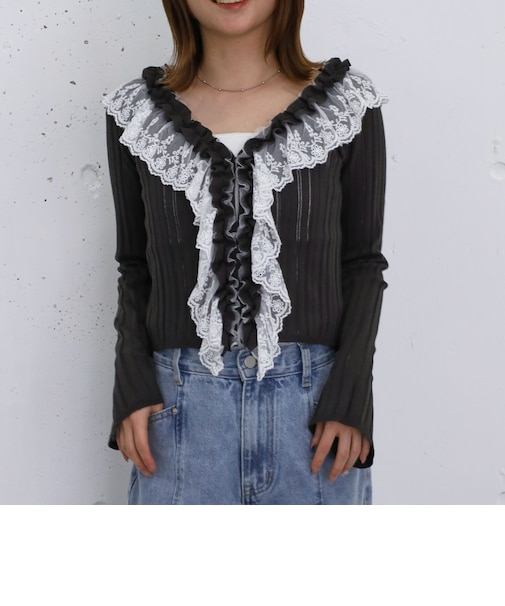 フロントレースフリルニットカーディガン