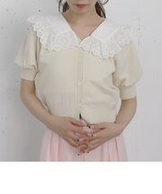 フリルカラー付きパフスリーブニットカーディガン