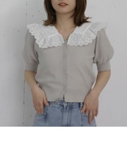 フリルカラー付きパフスリーブニットカーディガン