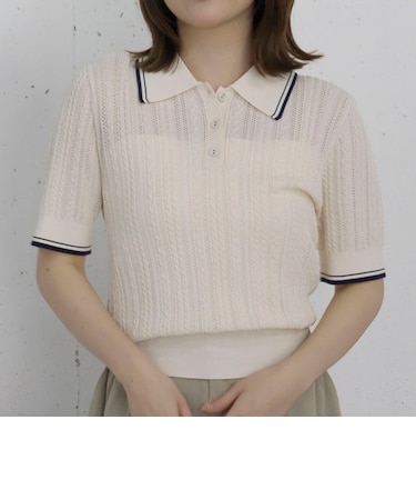 【高機能】配色透かし編みポロニットプルオーバー