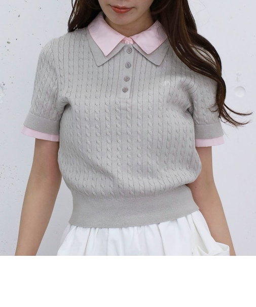 シャツレイヤードハーフスリーブケーブルニットプルオーバー