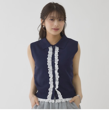 レースレイヤードノースリポロニットベスト