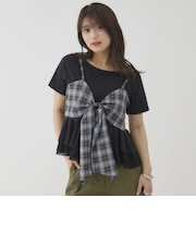 チェックアソートリボンビスチェ×ペプラムブラウスＴＥＥ　ＳＥＴ