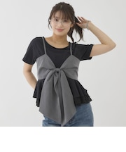 チェックアソートリボンビスチェ×ペプラムブラウスＴＥＥ　ＳＥＴ