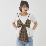 チェックアソートリボンビスチェ×ペプラムブラウスＴＥＥ　ＳＥＴ